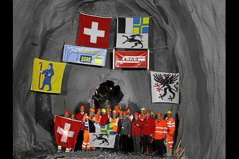 Rhätische Bahn’s 5 860 m long new Albula tunnel was holed through on October 2 (Photo: Rhätische Bahn).